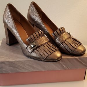 Franco Sarto classic kiltie loafer style heels textured bronze metallic leather